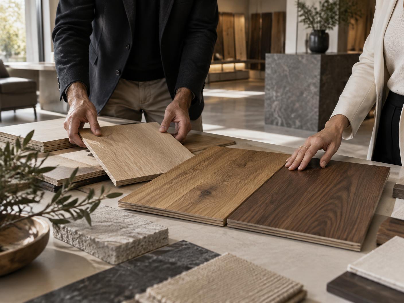 Flooring material samples being reviewed
