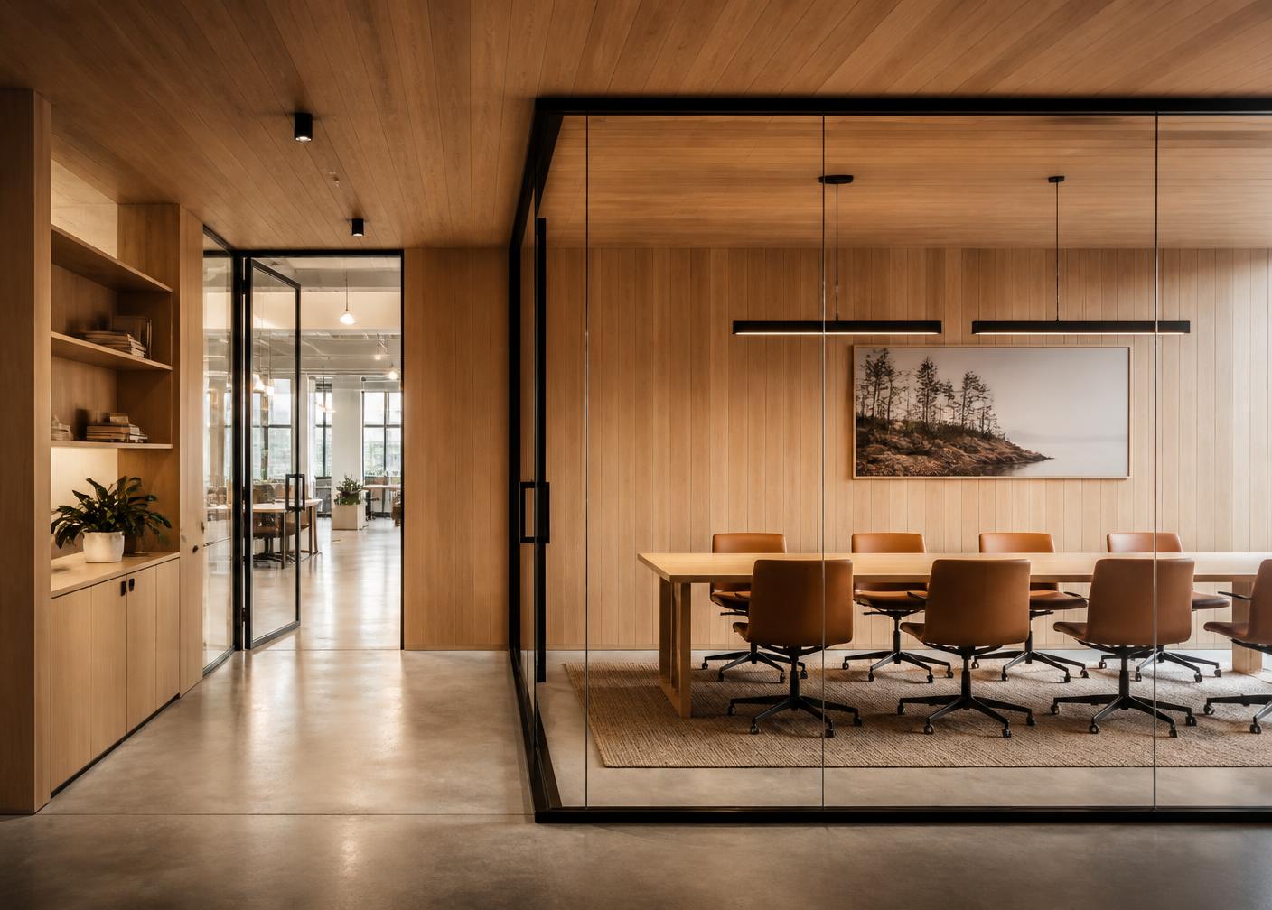 Office interior with veneer wall panelling