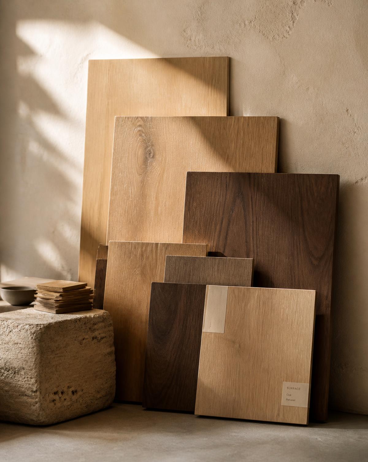Stacked laminate and timber surface samples